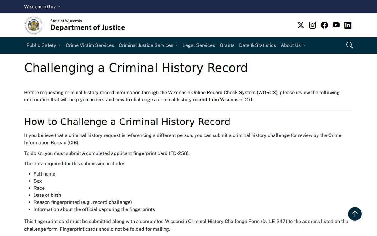 Wisconsin DOJ CIB criminal history record challenge instructions