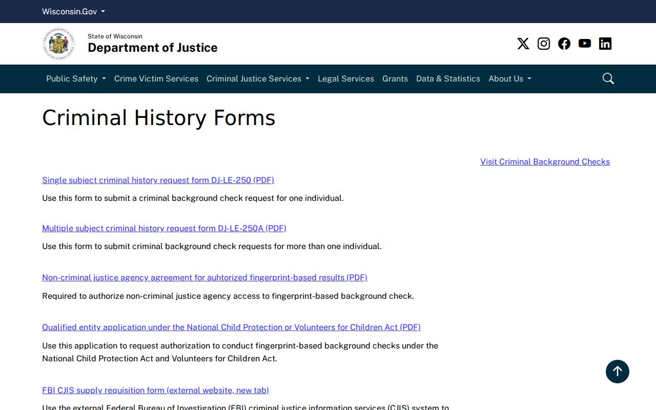 Wisconsin DOJ CIB official criminal history form index