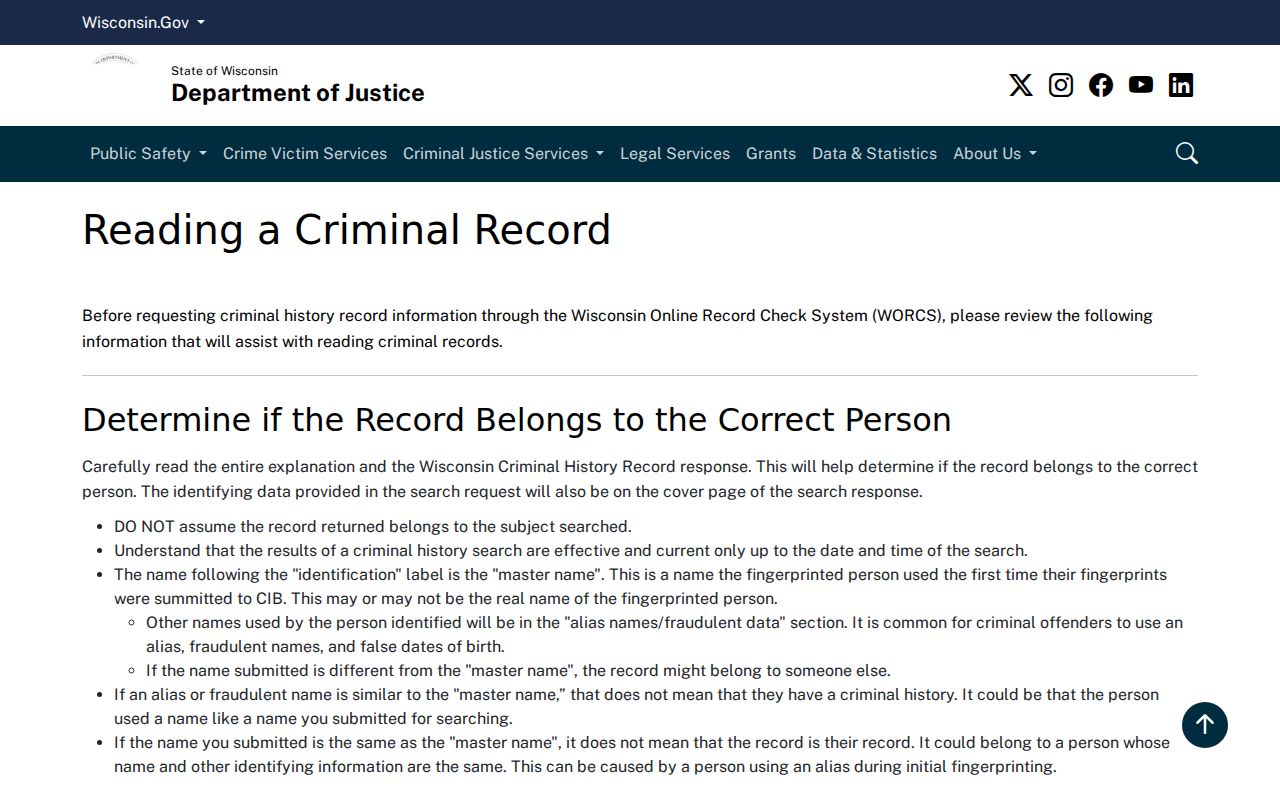Wisconsin DOJ CIB instructions for reading a criminal history record