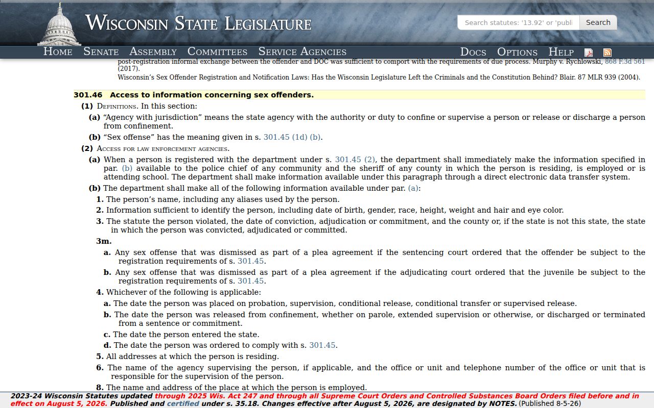 Wisconsin sex offender information law and registry access